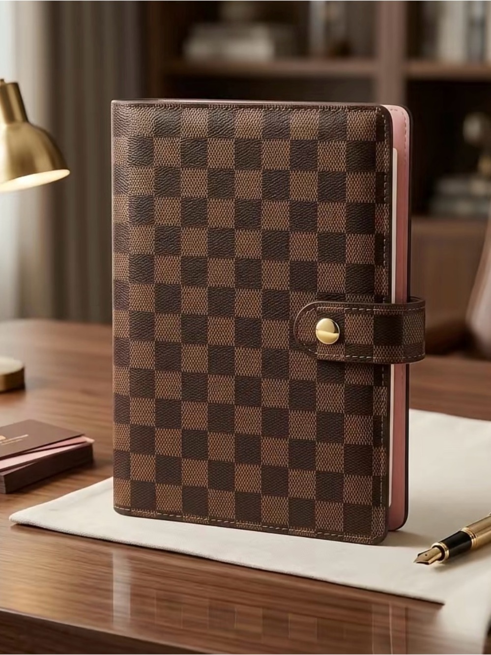 Brown Checkered Leather A5 Refillable Notebook with Snap Closure